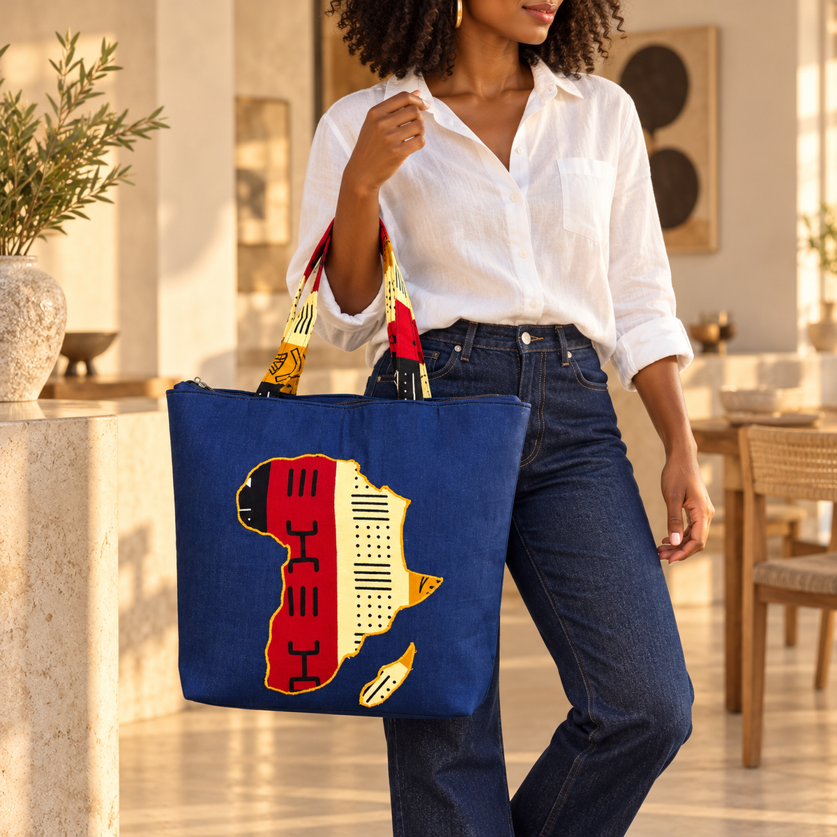 Denim African Map Tote Bag