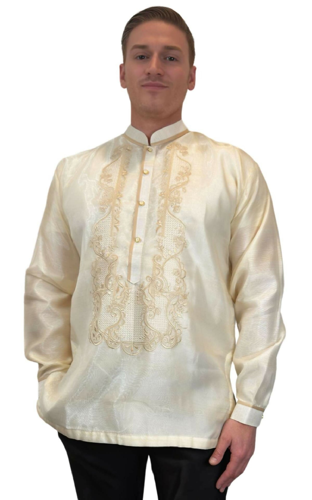 Mens Chinese Collar Barong Tagalog - Ivory White