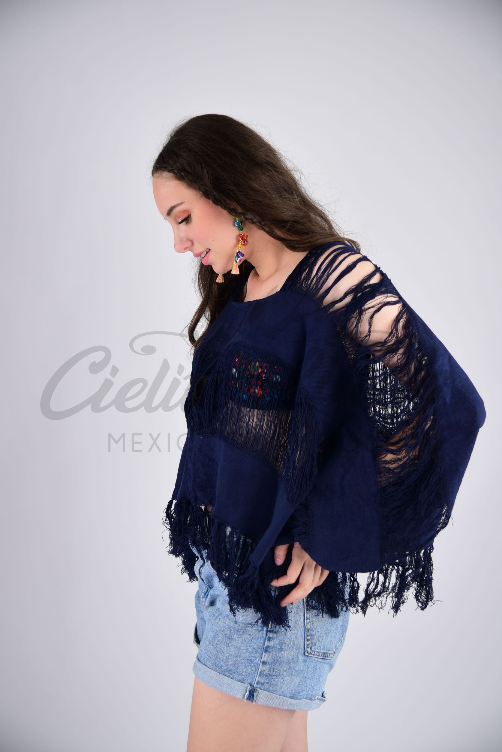 Tulum Raw Frayed Poncho Dark Navy