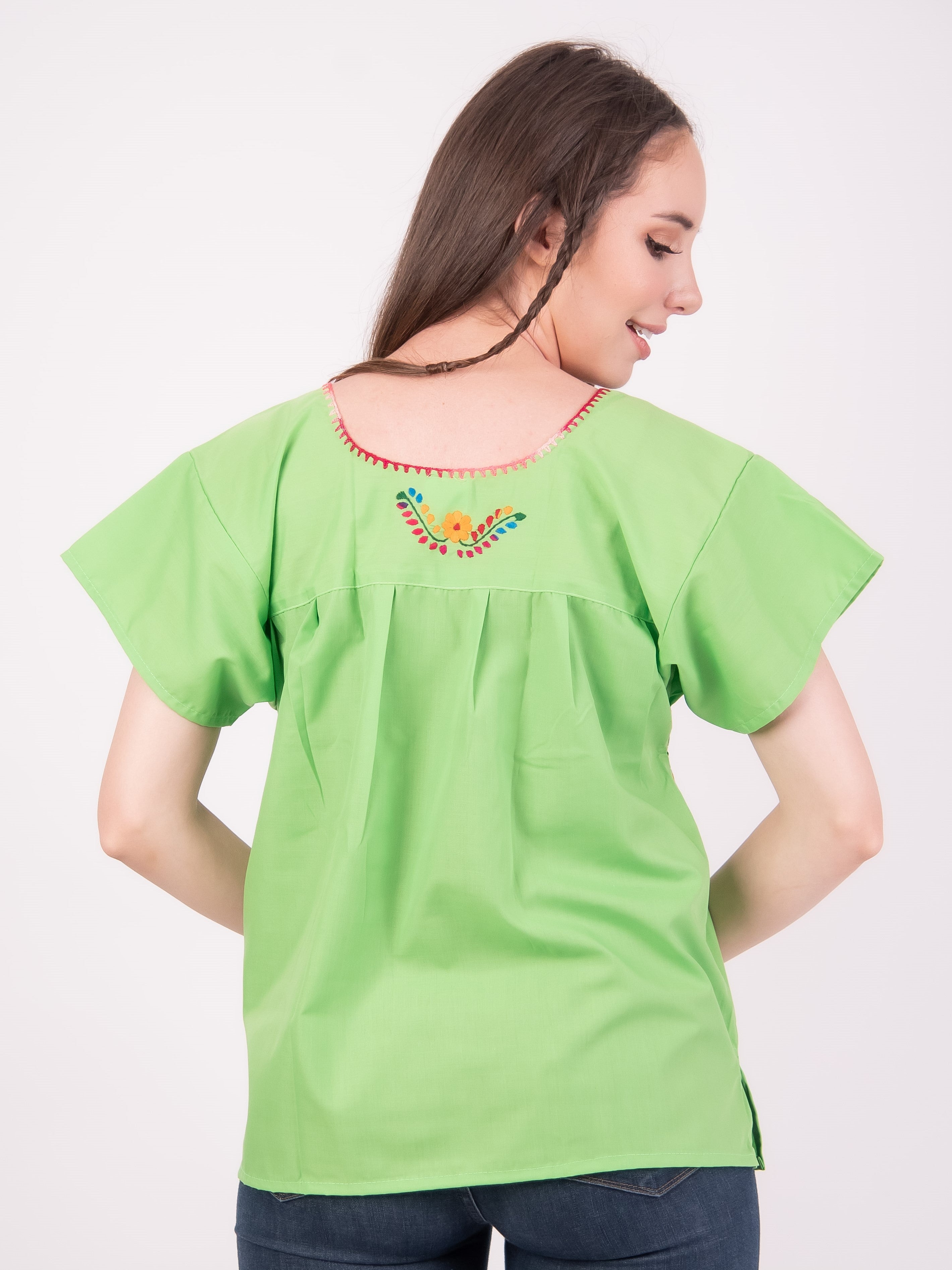 Mexican Tehuacan Full Embroidered Blouse Lime Green