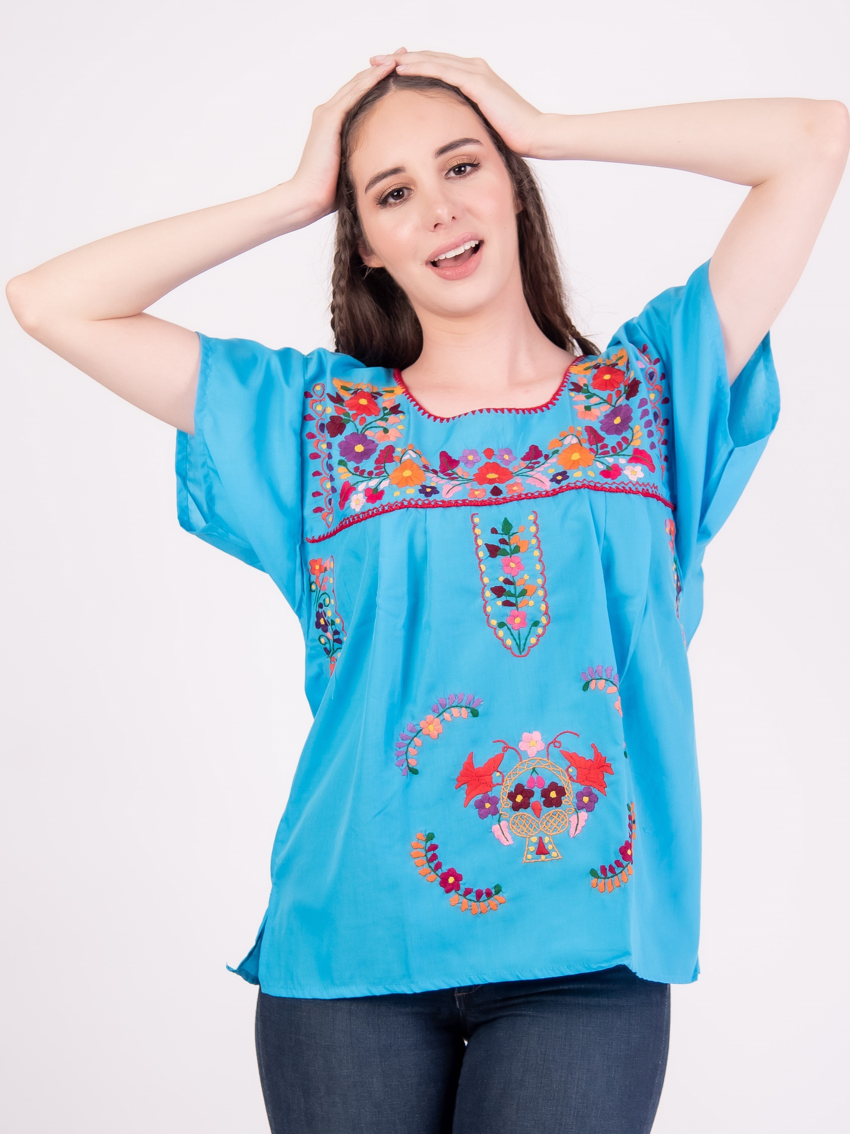 Mexican Tehuacan Full Embroidered Blouse Blue