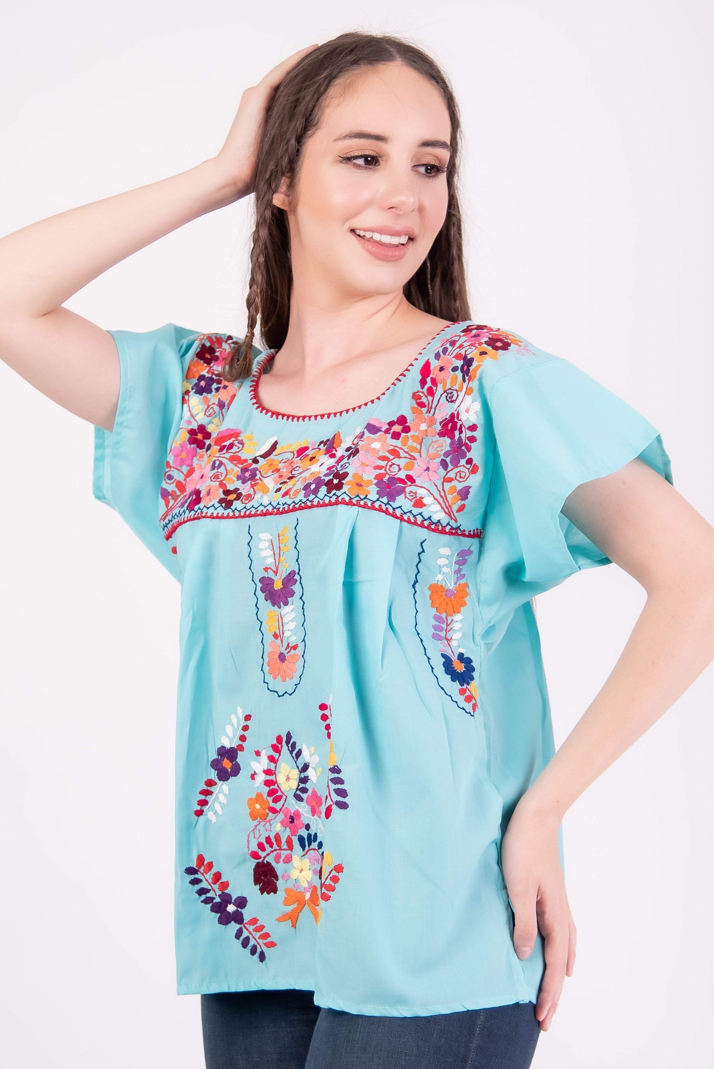 Mexican Tehuacan Full Embroidered Blouse Mint