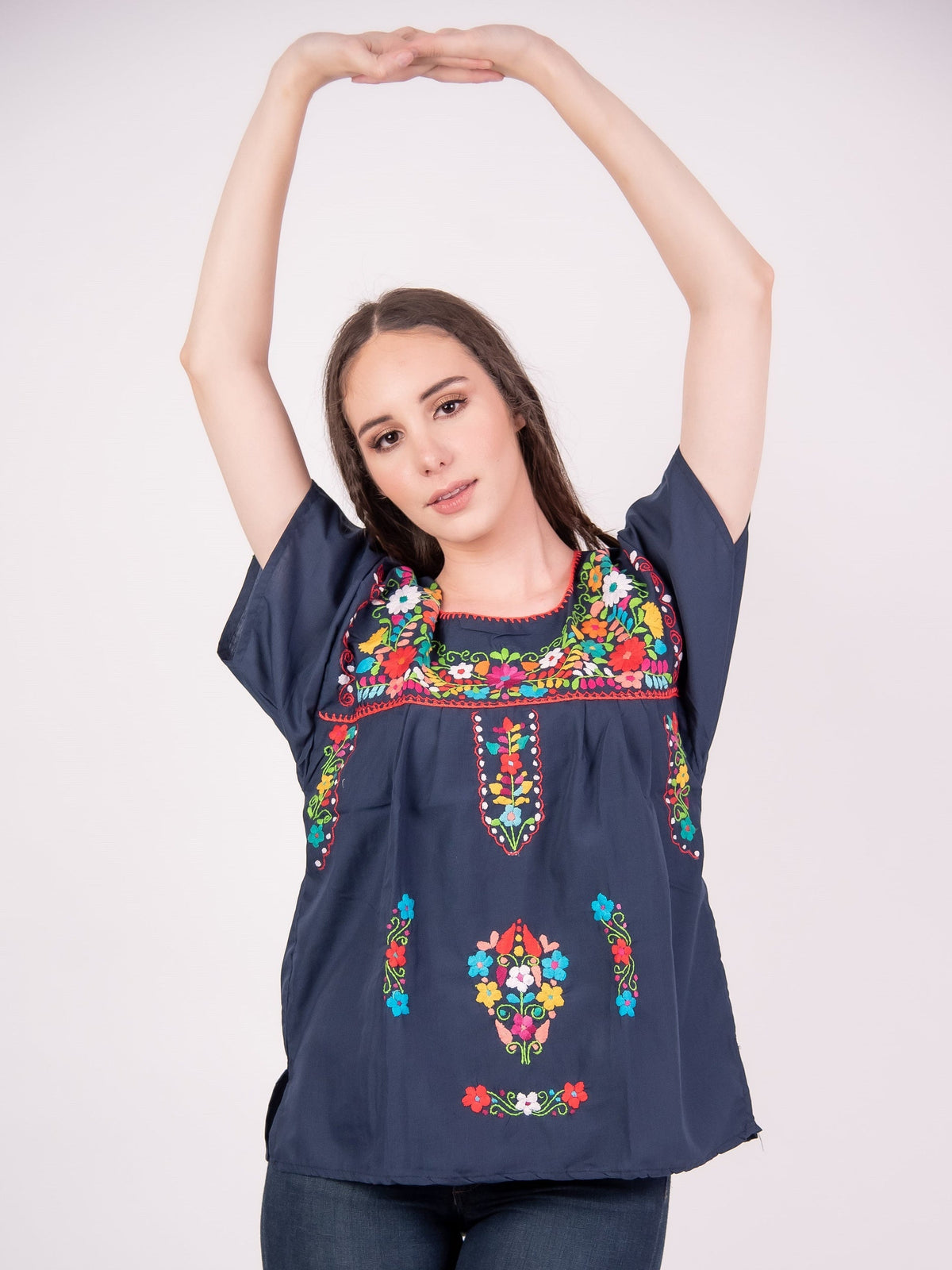 Mexican Tehuacan Full Embroidered Blouse Navy