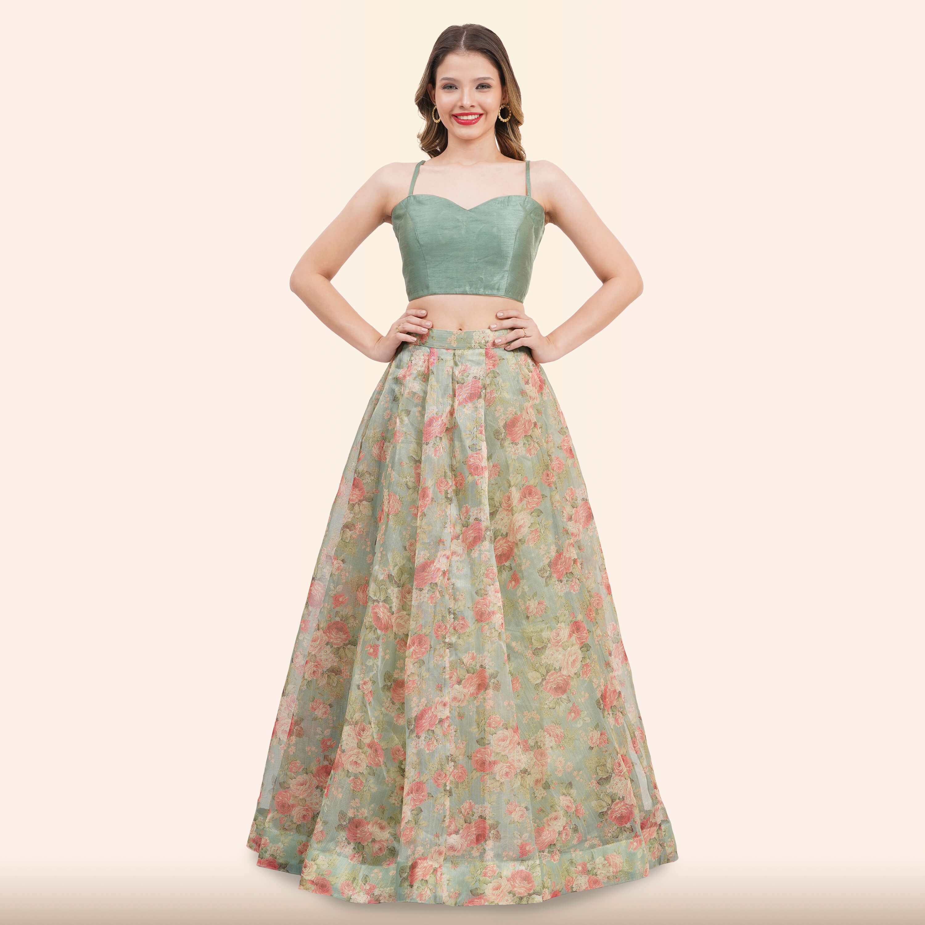 Sage Green Floral  Lehenga with Dupatta