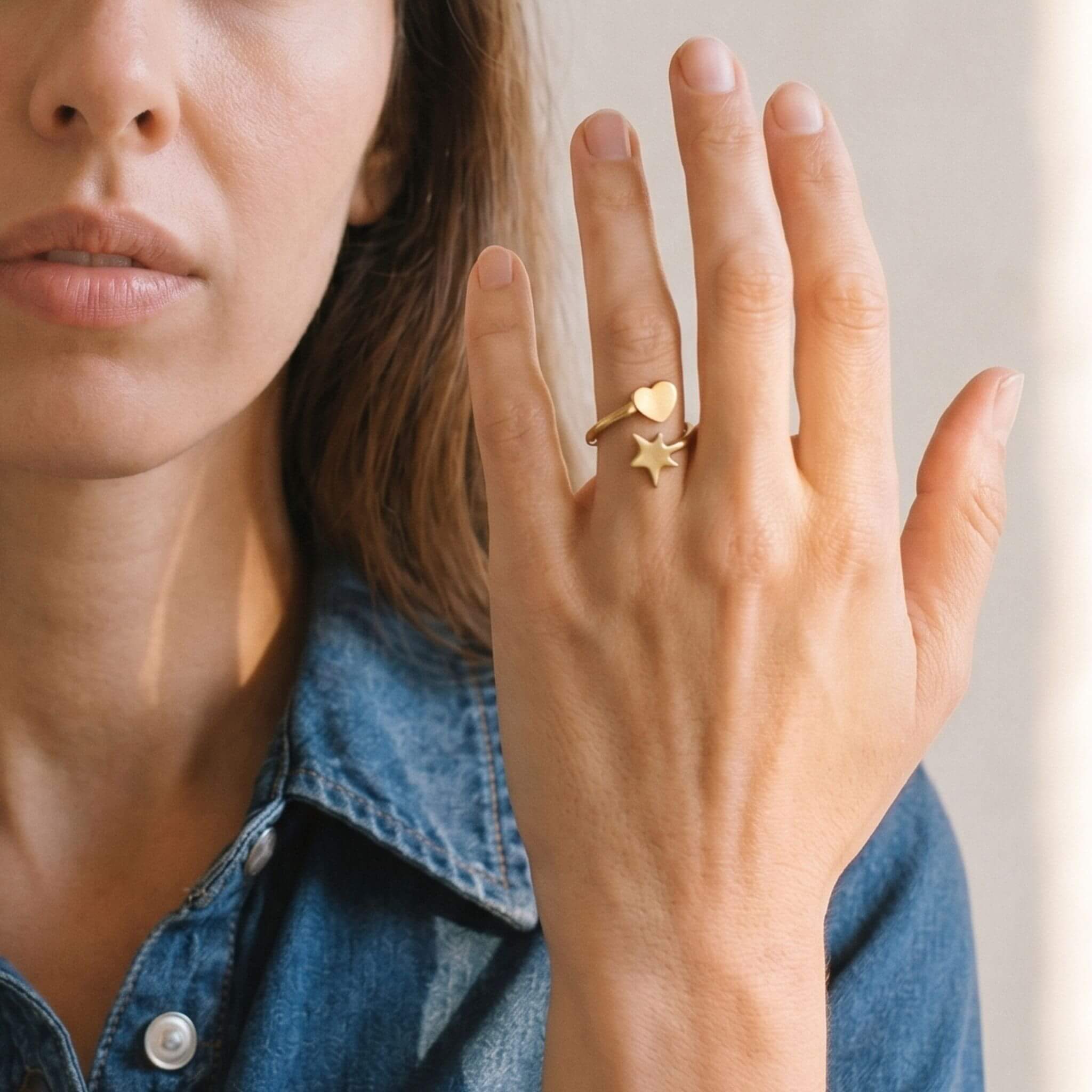 Mira Adjustable Star & Heart Wrap Ring in Brass