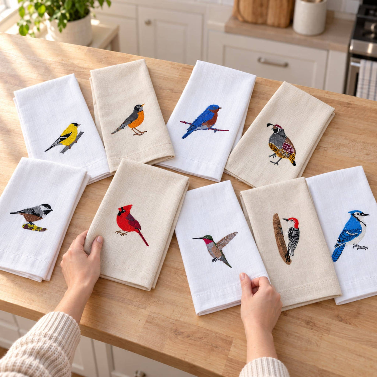 100% Cotton Tea Towels with Bird Embroidery - Kitchen Towels