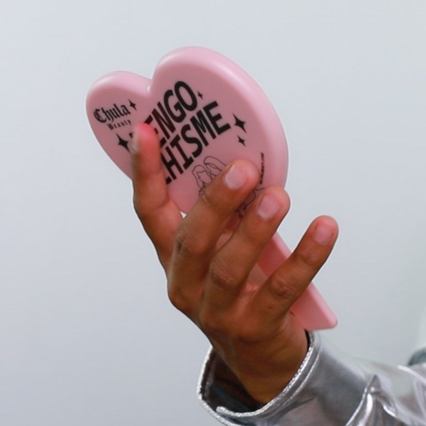 'Tengo Chisme' -  Pink Heart Shaped Makeup Hand Mirror Travel Friendly (LIMITED EDITION)
