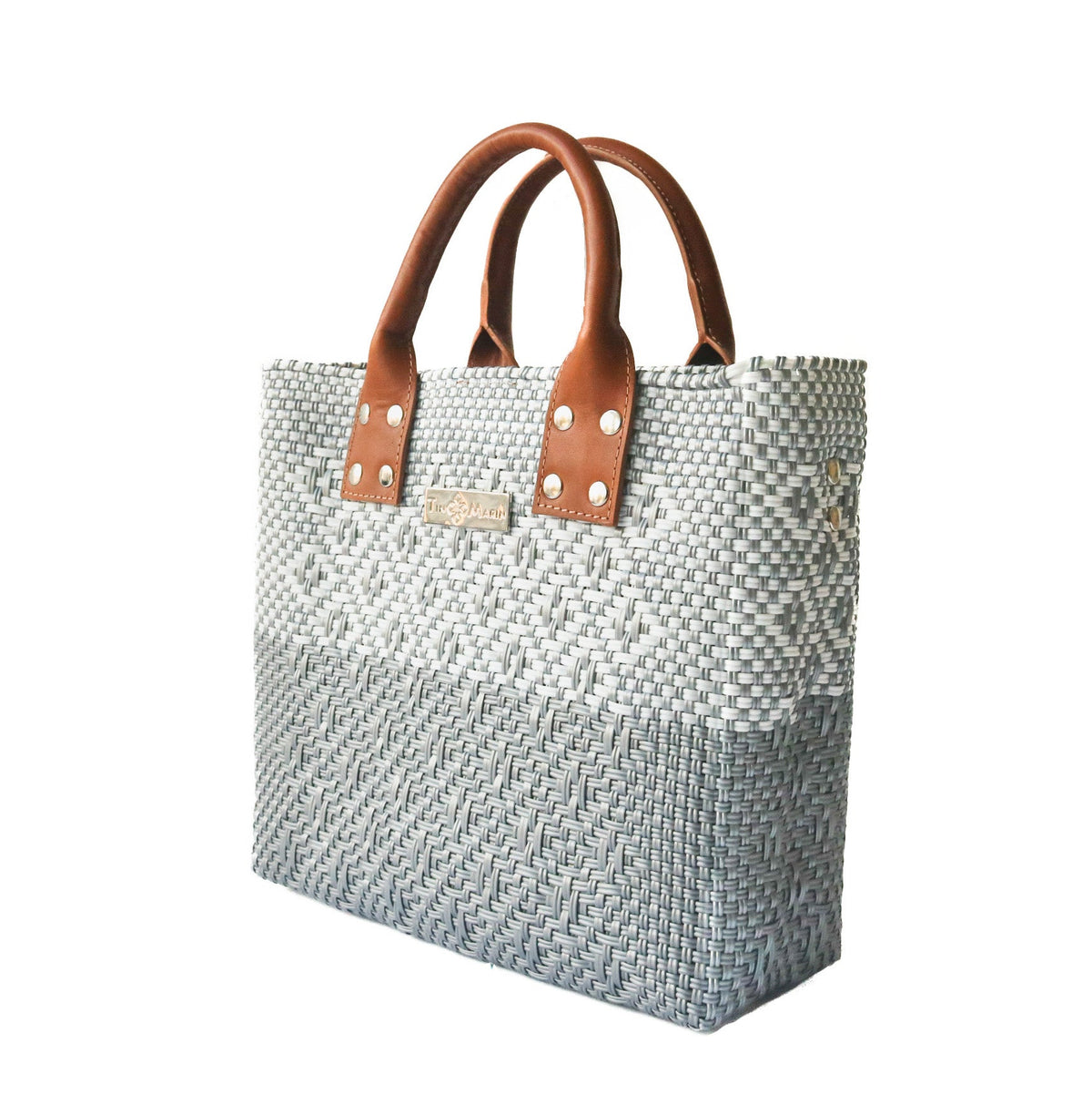 Tin Marin Grey Large Woven Crossbody Bag - Tan Leather
