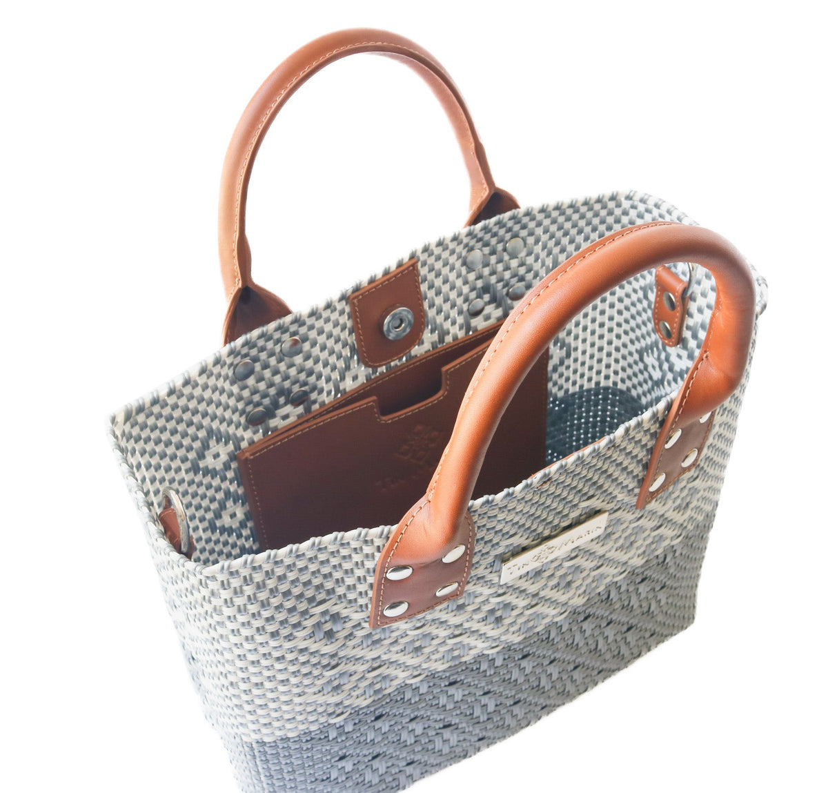 Tin Marin Grey Large Woven Crossbody Bag - Tan Leather