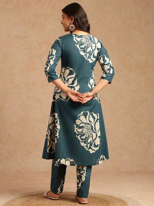 A-Line Teal Floral Printed Cotton Stitched Kurta Set