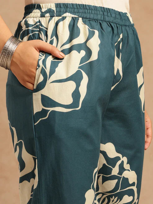 A-Line Teal Floral Printed Cotton Stitched Kurta Set