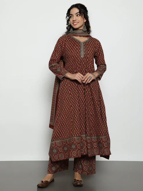Ajrak Anarakali Maroon Cotton Stitched Kurta, Palazzo With Dupatta