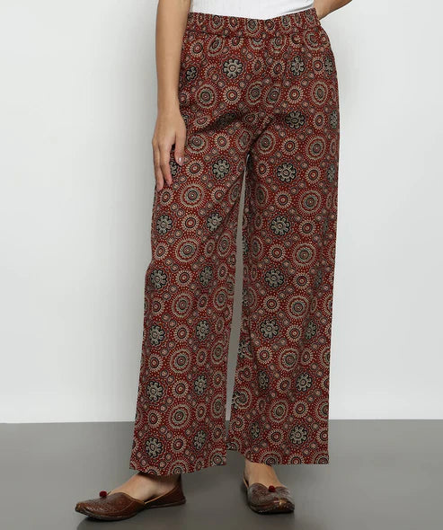 Ajrak Anarakali Maroon Cotton Stitched Kurta, Palazzo With Dupatta