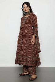 Ajrak Anarakali Maroon Cotton Stitched Kurta, Palazzo With Dupatta