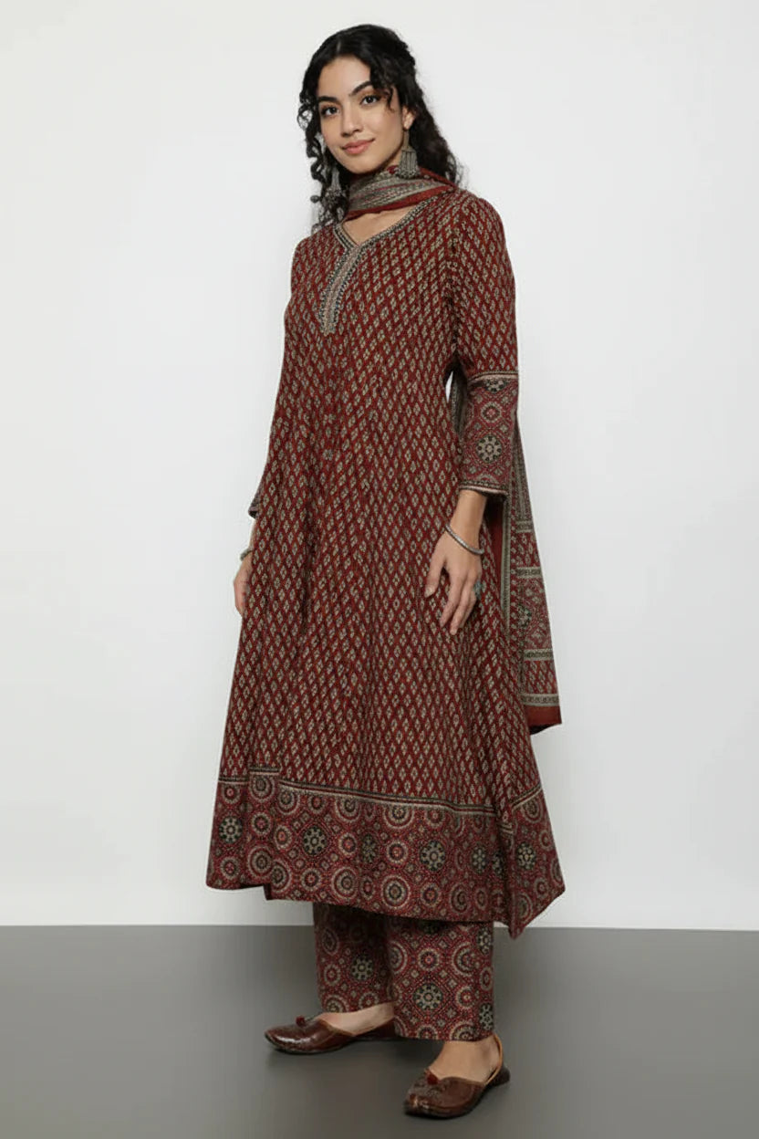 Ajrak Anarakali Maroon Cotton Stitched Kurta, Palazzo With Dupatta