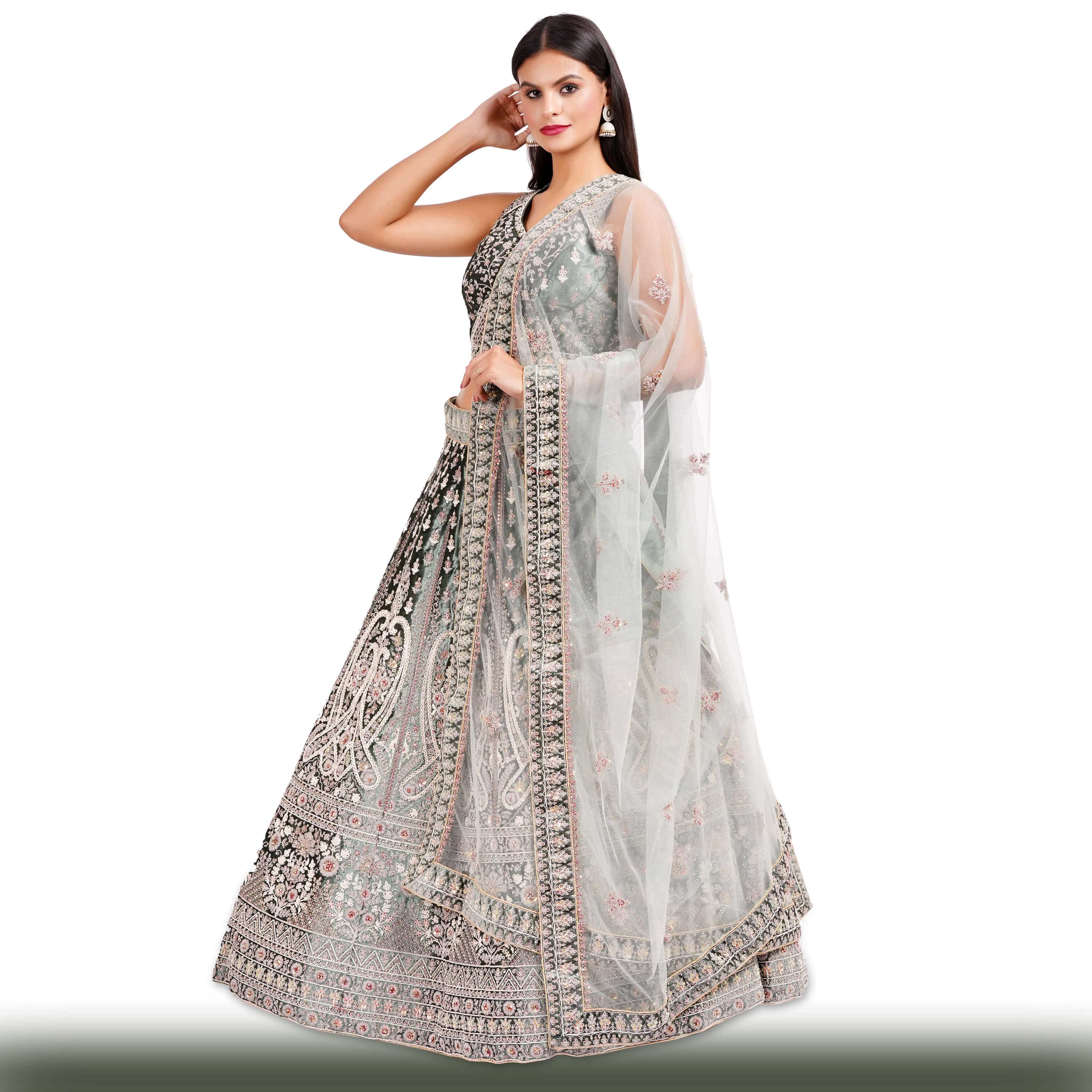 Dark Green Lehenga in Velvet Fabric