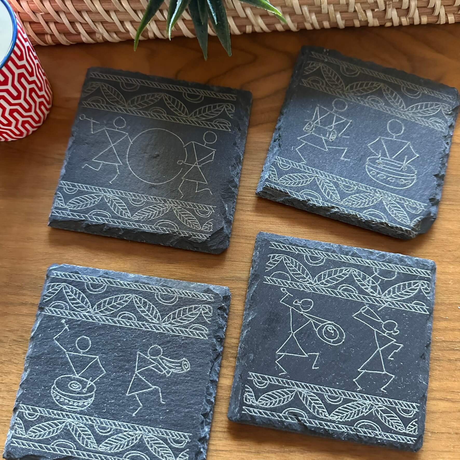 Warli Art Musician Slate Coasters – Indian Folk Art Decor | Handcrafted South Asian-Inspired Gift