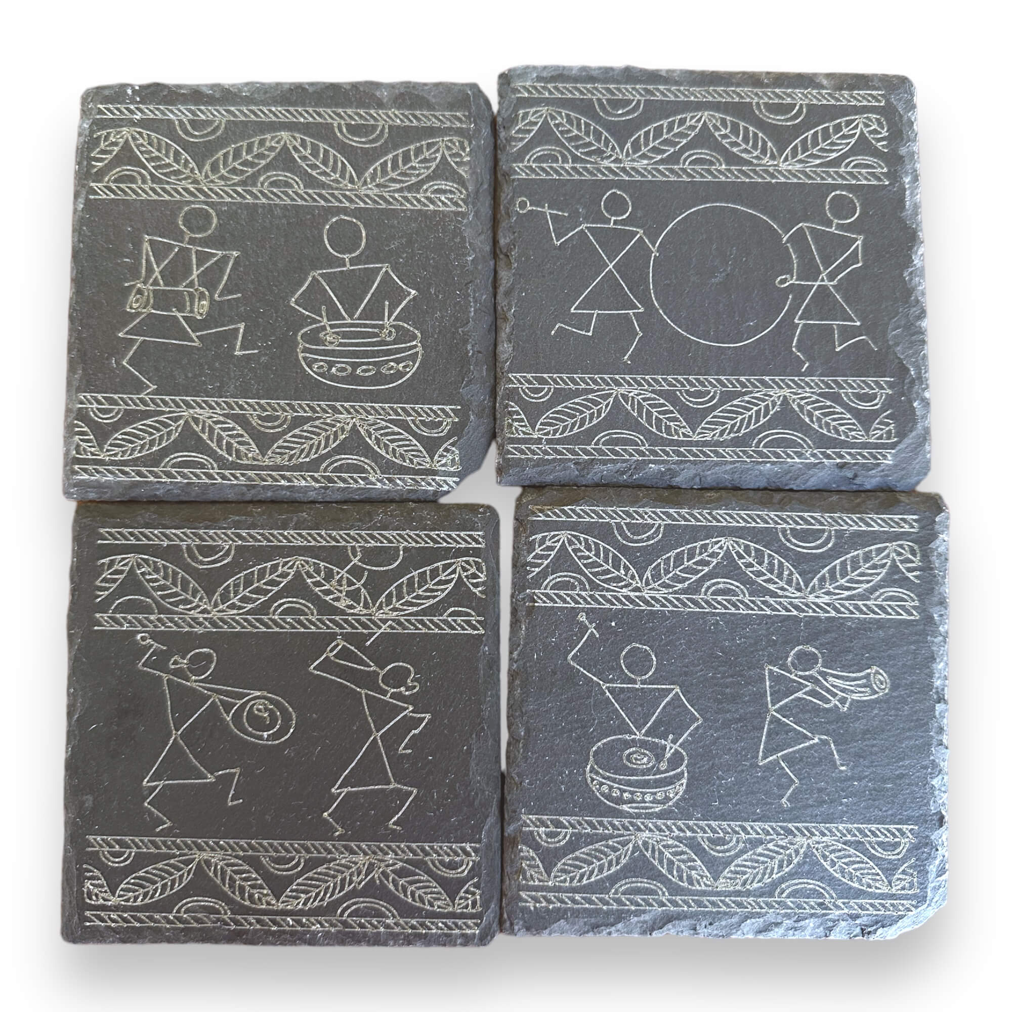 Warli Art Musician Slate Coasters – Indian Folk Art Decor | Handcrafted South Asian-Inspired Gift