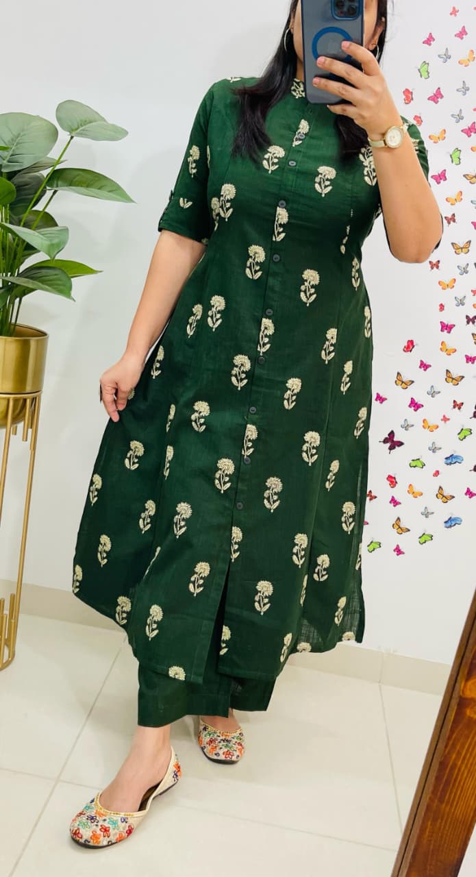 Designer Green Ikkat Print Cotton Co-erd Set