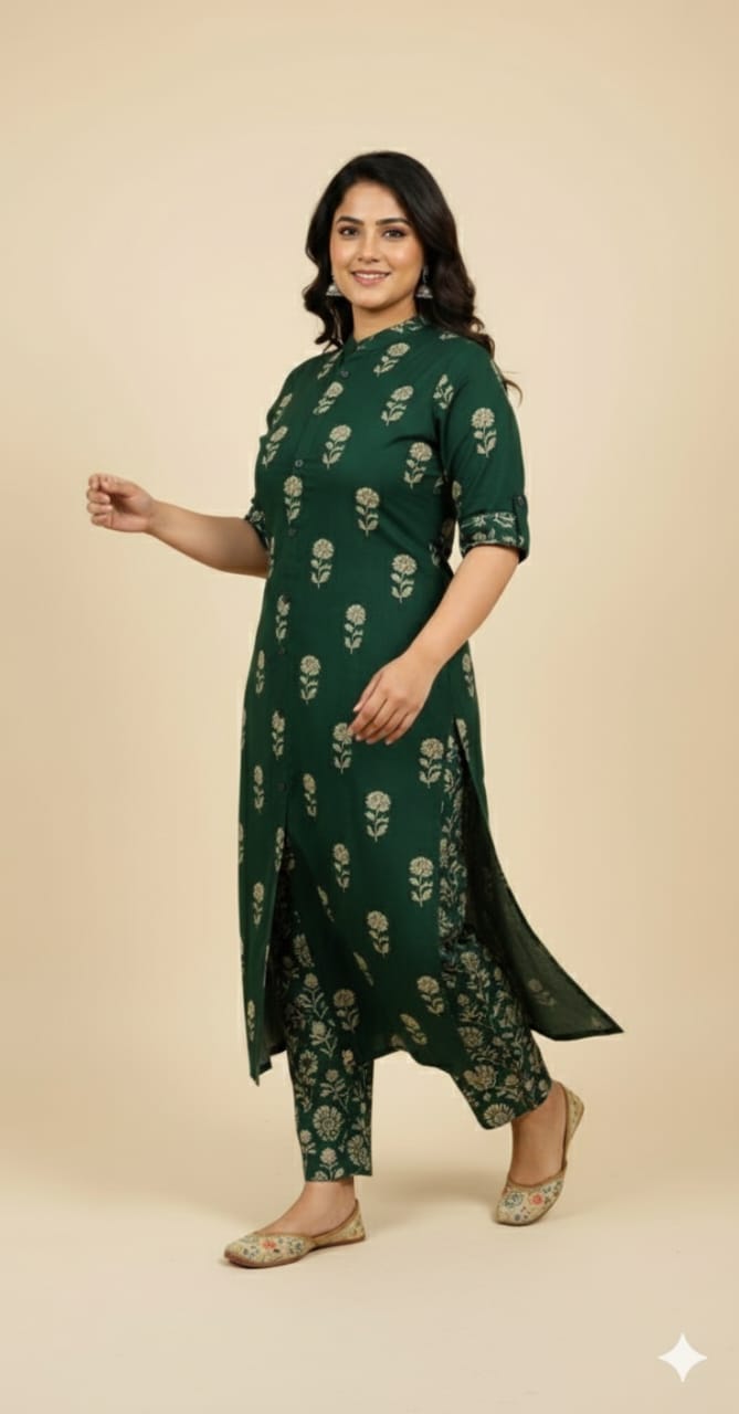 Designer Green Ikkat Print Cotton Co-erd Set
