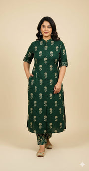 Designer Green Ikkat Print Cotton Co-erd Set