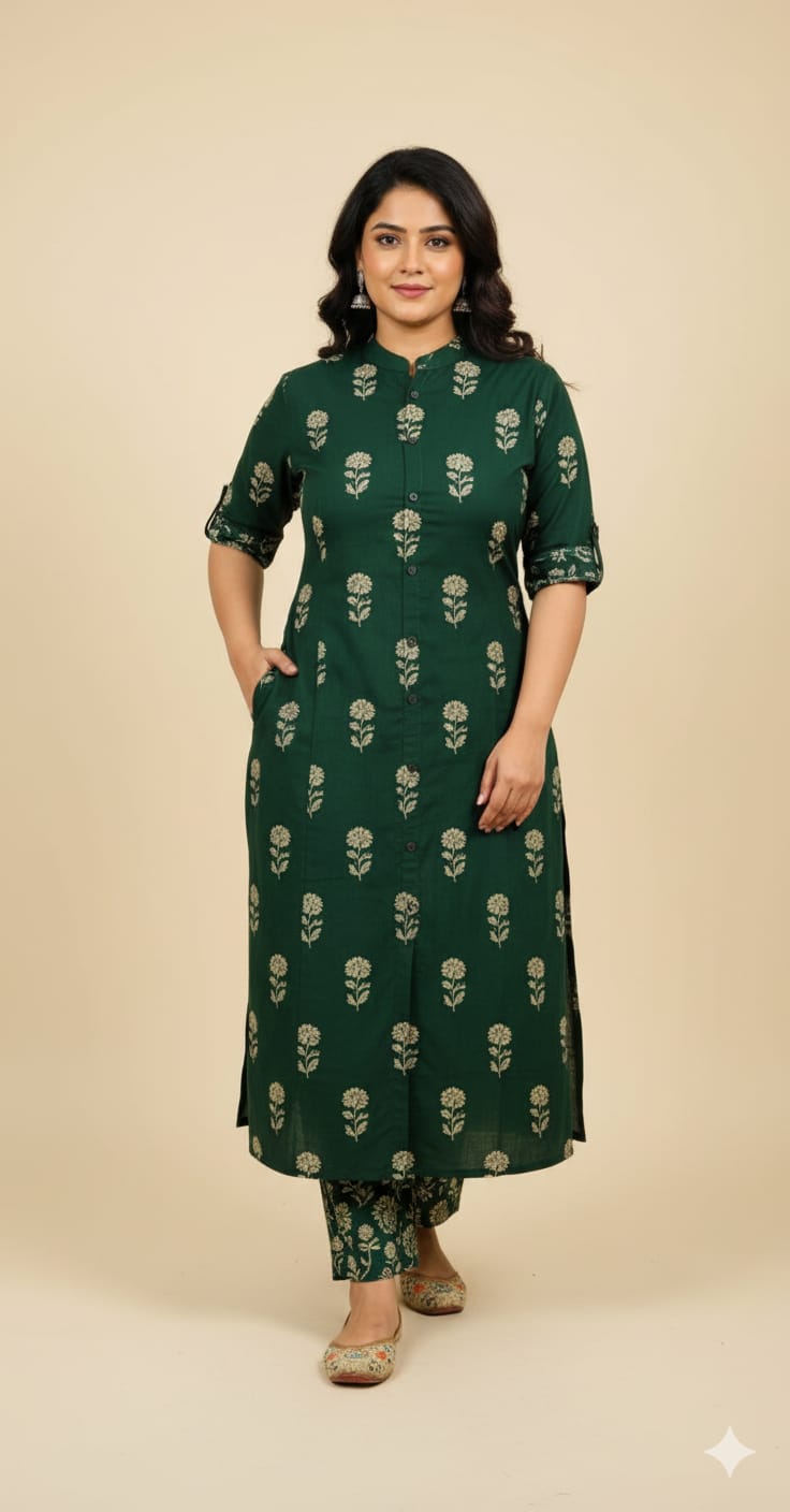 Designer Green Ikkat Print Cotton Co-erd Set