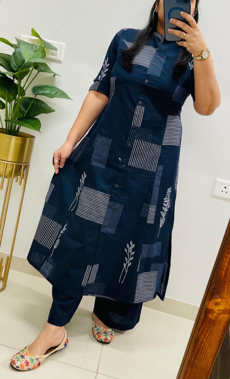 Dark Blue Designer Cotton Princess Cut A-Line & Culottes Abstract Print Co-ord Set