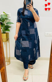 Dark Blue Designer Cotton Princess Cut A-Line & Culottes Abstract Print Co-ord Set