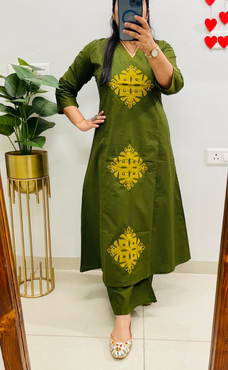 Designer Dhabu Cotton A-Line Kurti with Mirror Work & Palazzo Pants