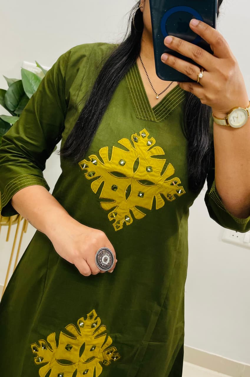 Designer Dhabu Cotton A-Line Kurti with Mirror Work & Palazzo Pants