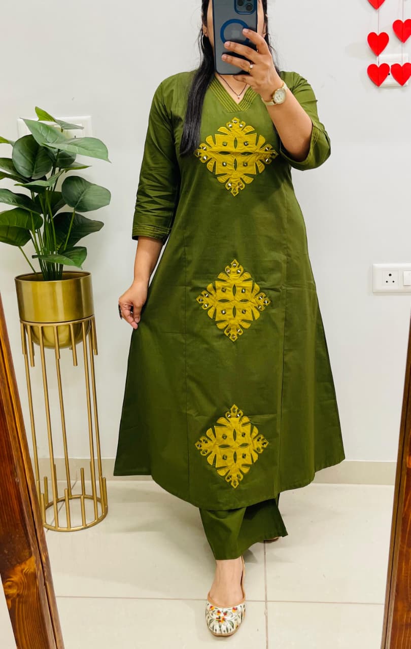 Designer Dhabu Cotton A-Line Kurti with Mirror Work & Palazzo Pants
