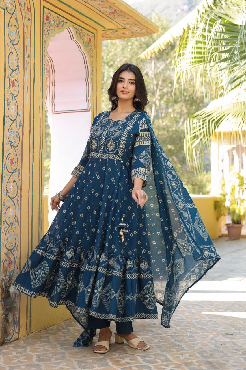 Block-Print Indian Flare Anarkali Ethic Cotton Suit