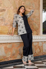 Black & White Floral Printed Straight Cotton Flex Co-Ord Set