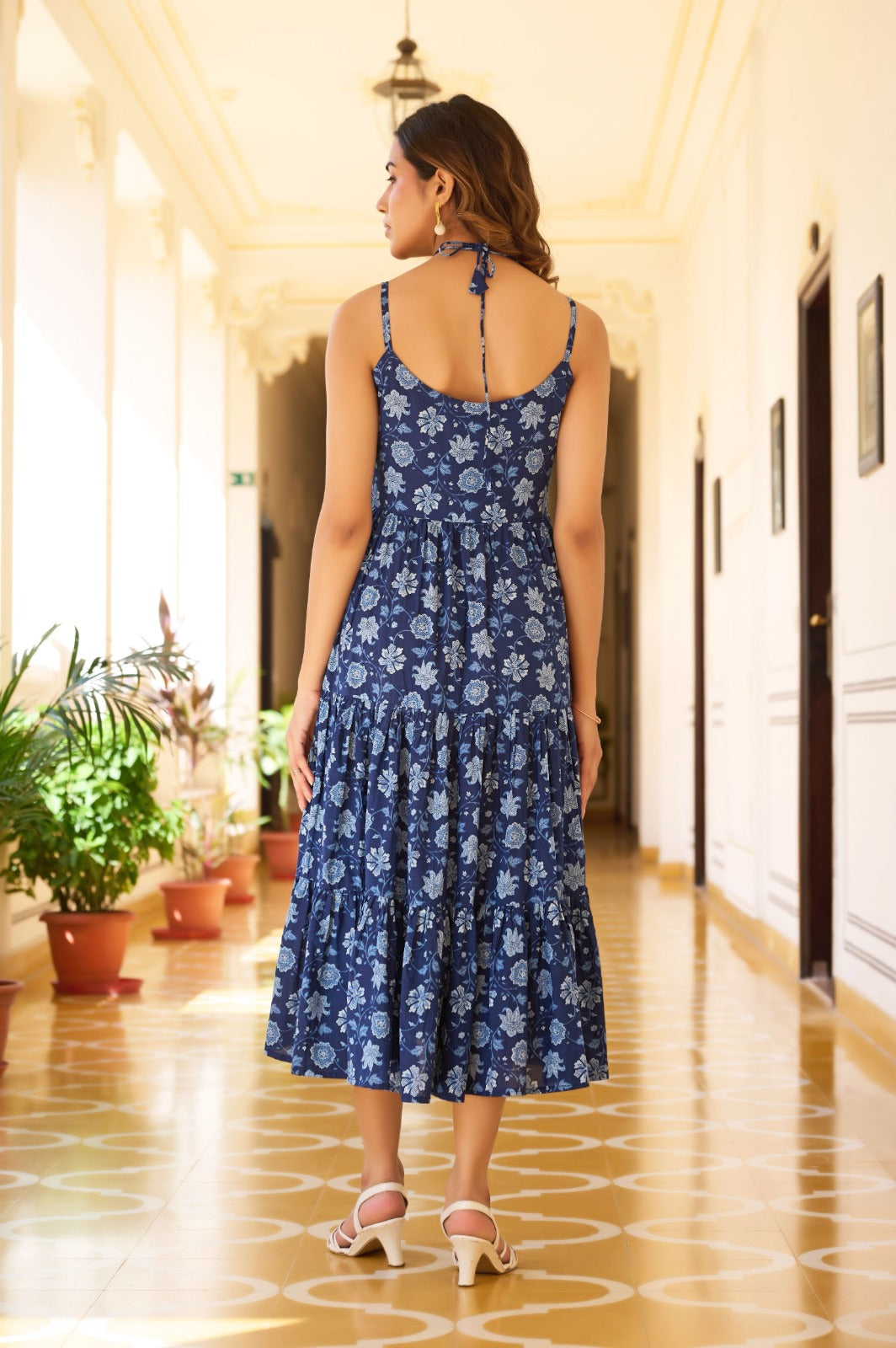Blue Floral Print Fit Cotton Flare Dress
