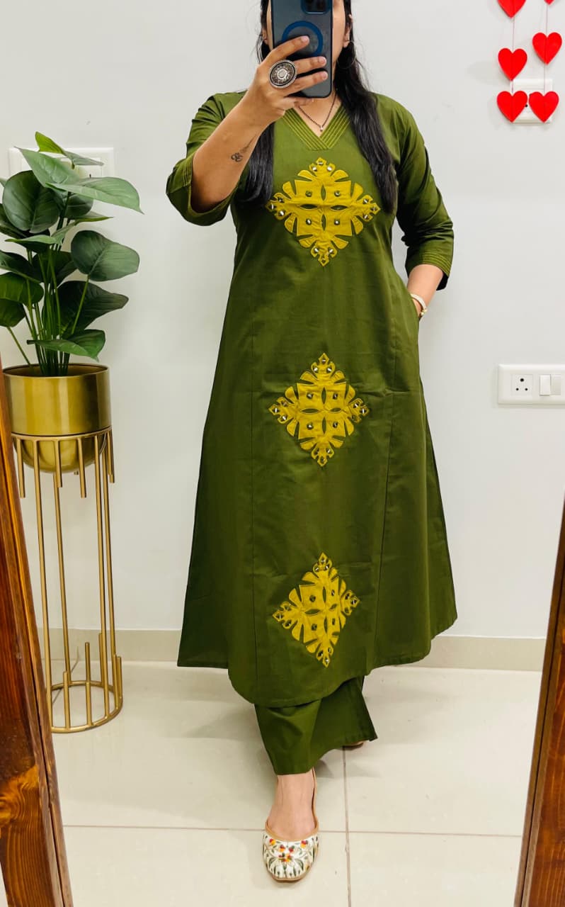 Designer Dhabu Cotton A-Line Kurti with Mirror Work & Palazzo Pants