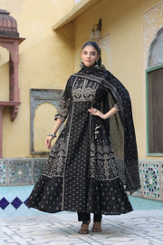 Black Cotton Anarkali Kurta Set with Dupatta - Ethnic Printed A-Line Long Tunic with Trousers for Women - Traditional Festive Wear