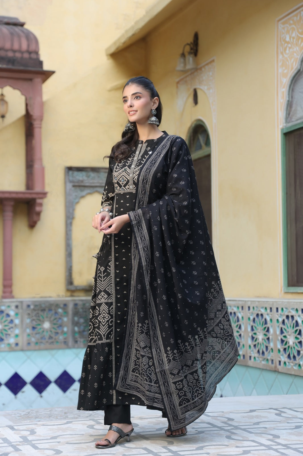 Black Cotton Anarkali Kurta Set with Dupatta - Ethnic Printed A-Line Long Tunic with Trousers for Women - Traditional Festive Wear