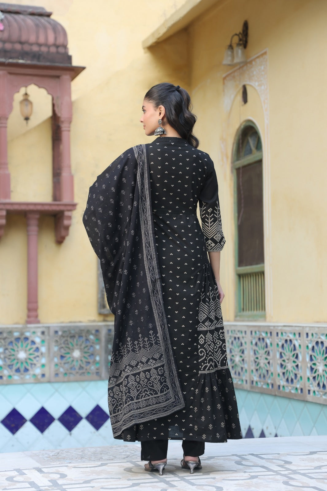 Black Cotton Anarkali Kurta Set with Dupatta - Ethnic Printed A-Line Long Tunic with Trousers for Women - Traditional Festive Wear