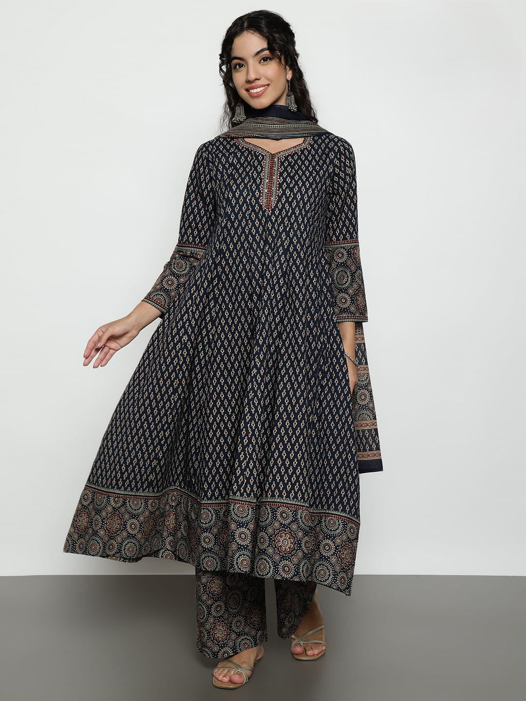 Black Ajrak  Cotton Stitched Anarakali Kurta, Palazzo With Dupatta