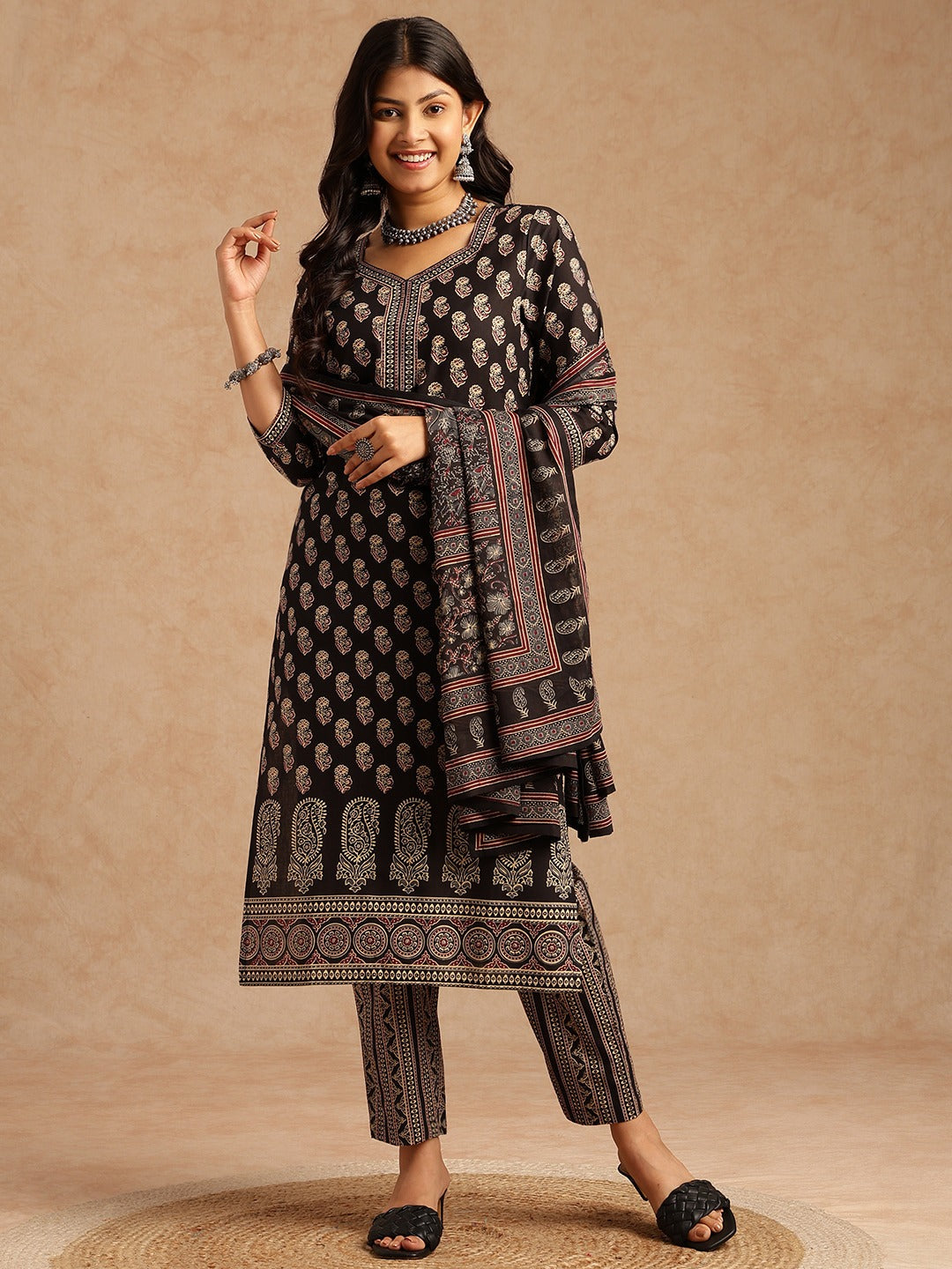 Elegant Black & Beige Printed Kurta Set with Dupatta