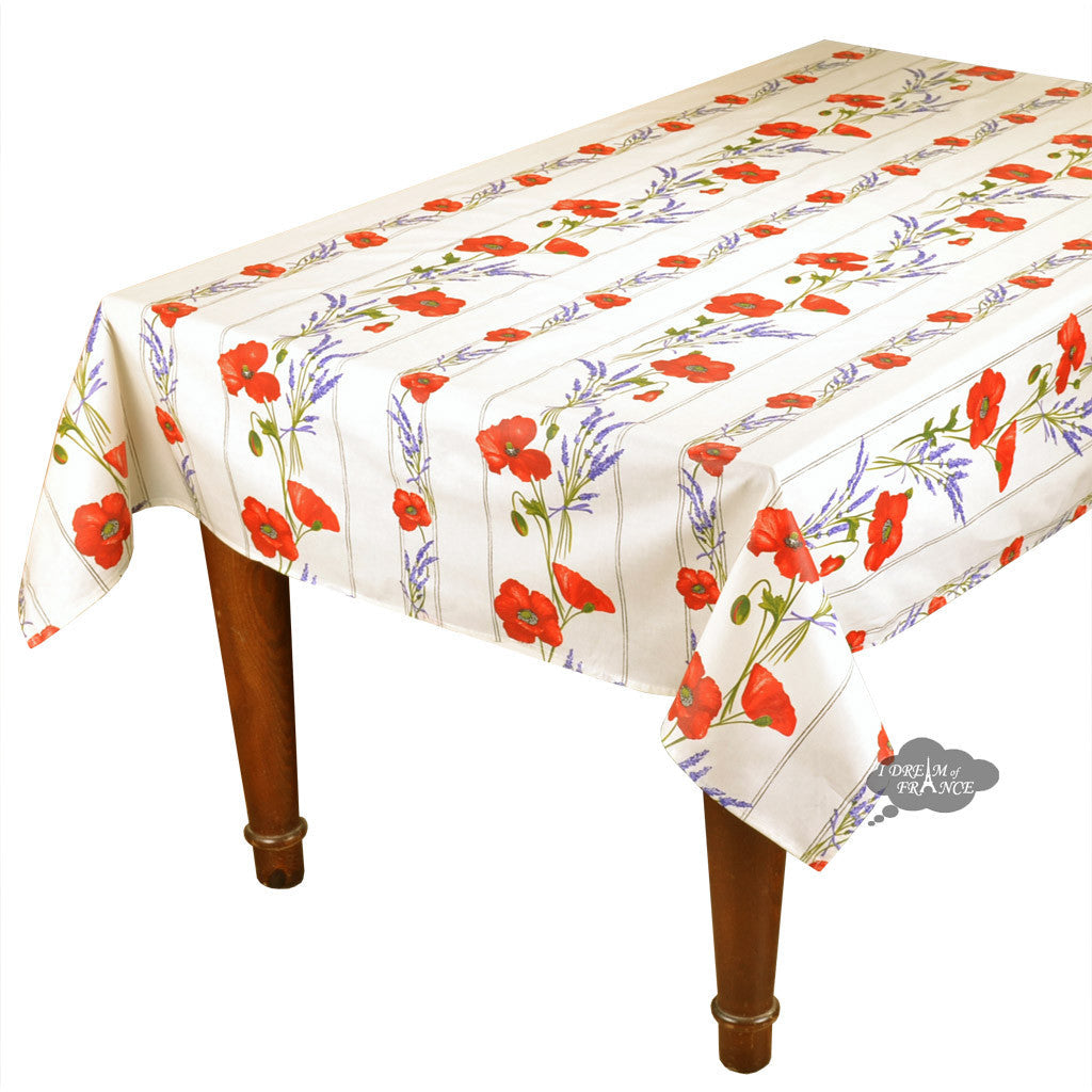 58" Square Poppies Cream Acrylic-Coated Cotton Tablecloth by Tissus Toselli