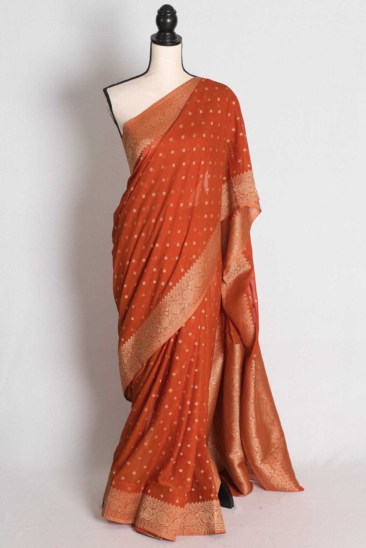 Mahi: Rust Brown Lightweight Semi Georgette Banarasi Saree with 38 Size Blouse