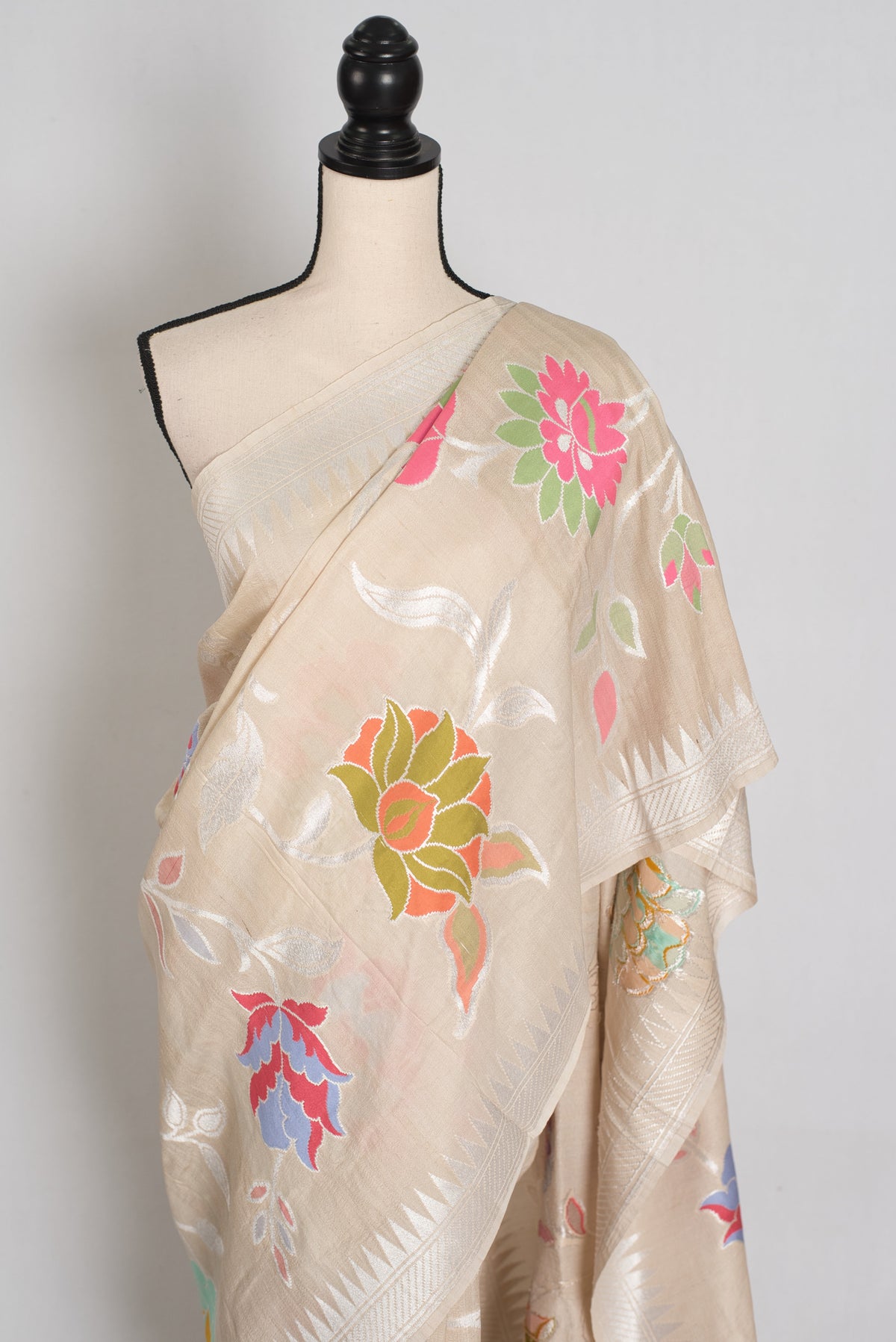 Naaz : Beige Tussar Georgette Banarasi Saree with 38 Size Stitched Blouse
