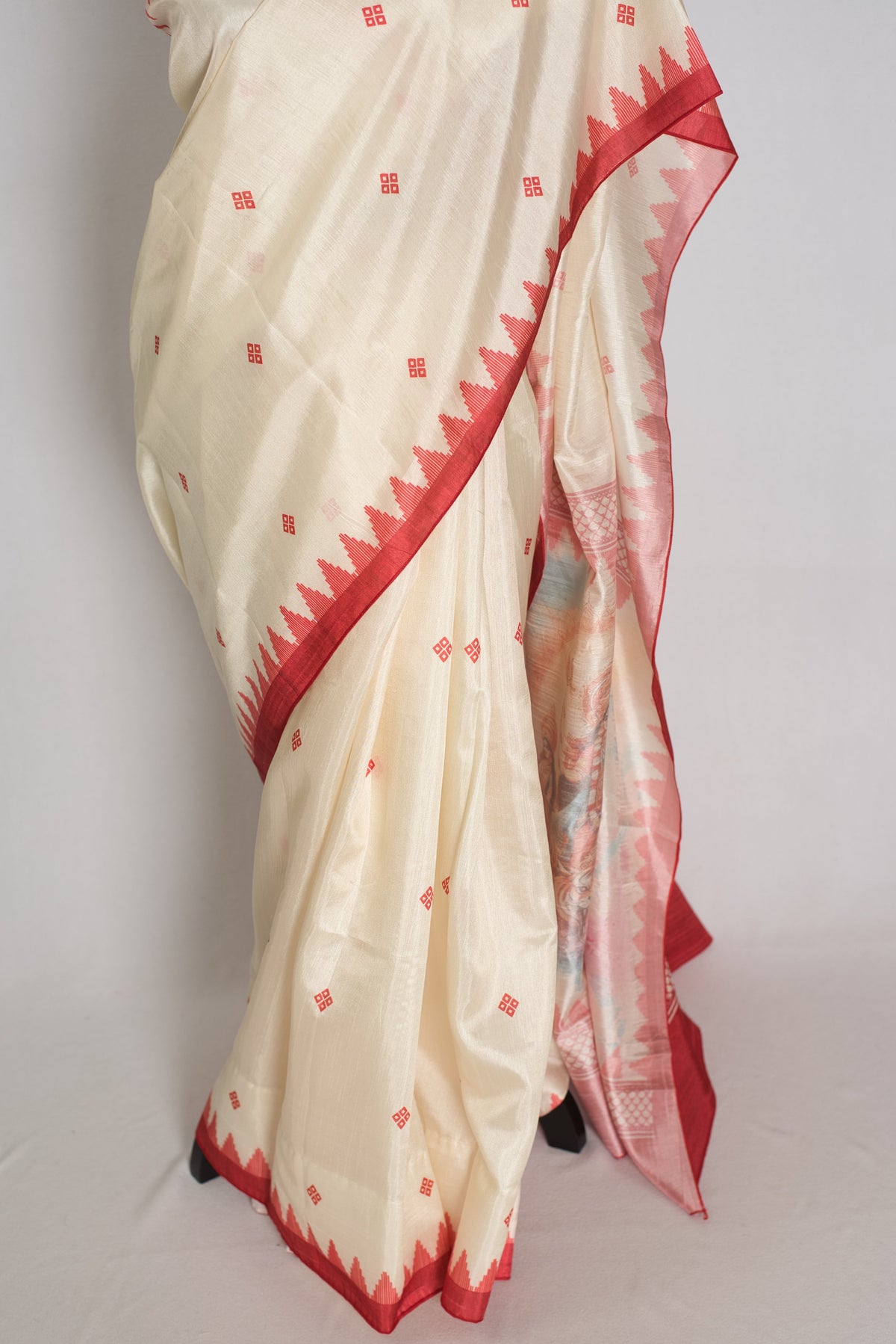 Gauri: Traditional Cream and Red Semi Silk Durga Puja Saree with Durga Pallu