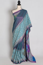 Kavitha : Tri-Color Hand Embroidered Kantha Stitch Bishnupur Blended Silk Saree