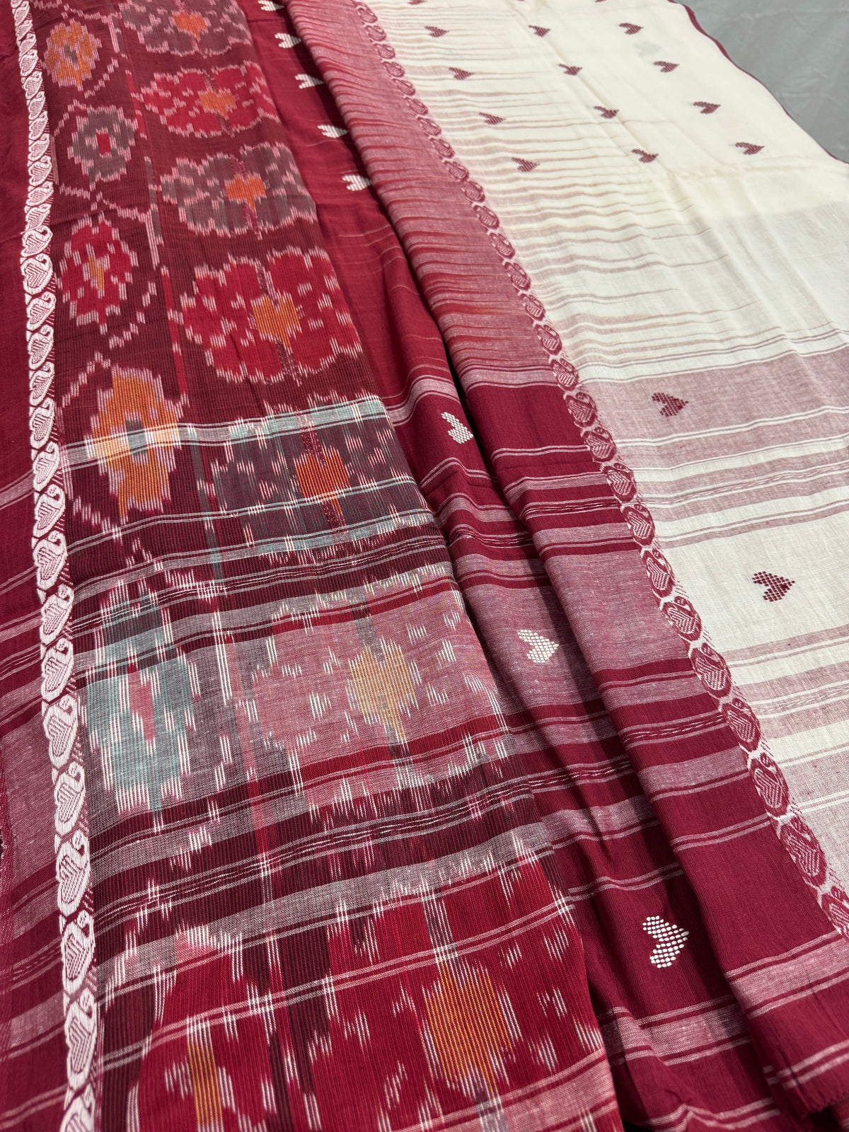Pritha : Beige and Maroon Dhaniakhali Soft Cotton Saree with Kotki Border