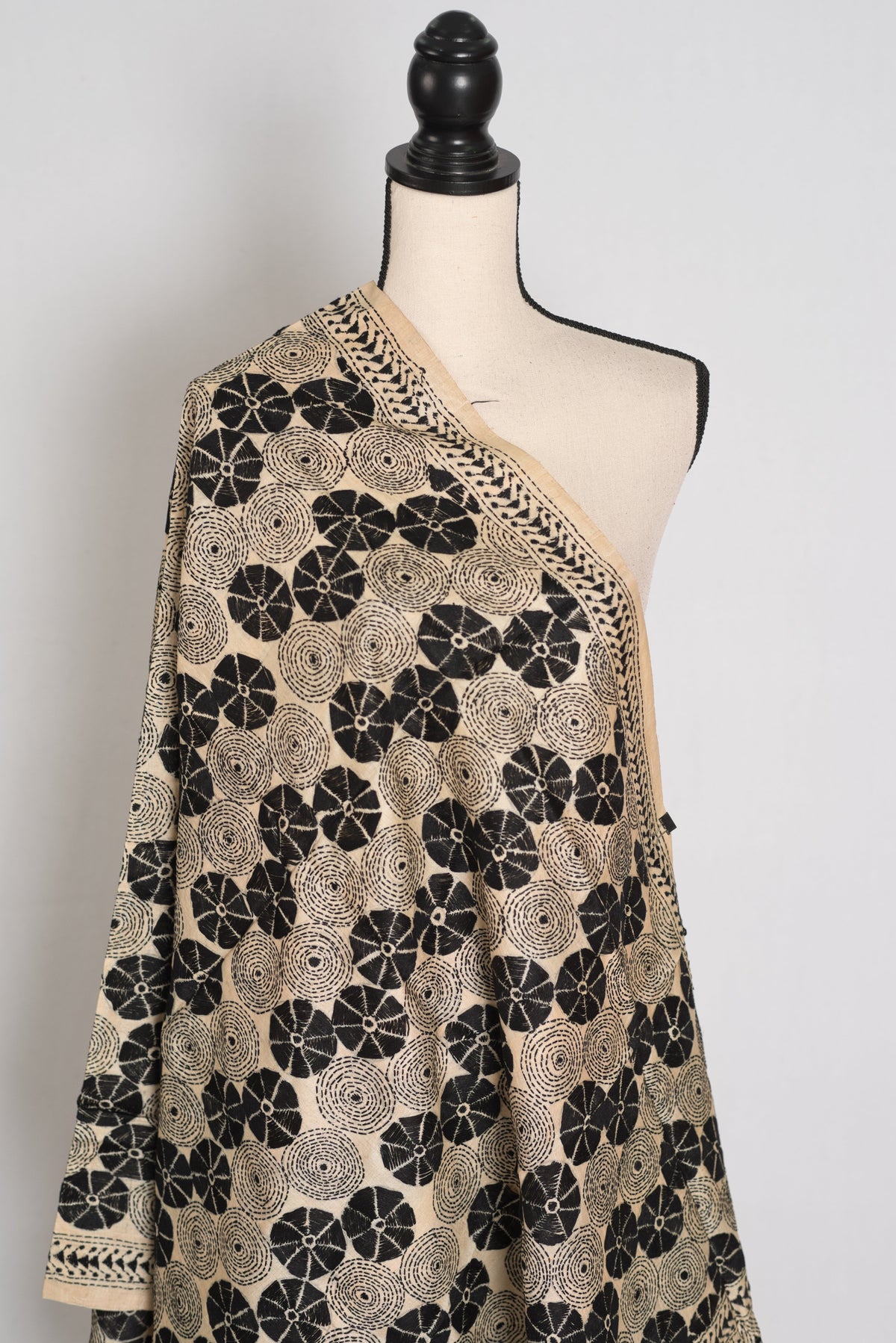 Hand Embroidered Black & Beige Gachi Tussar Silk Kantha Dupatta | Mou