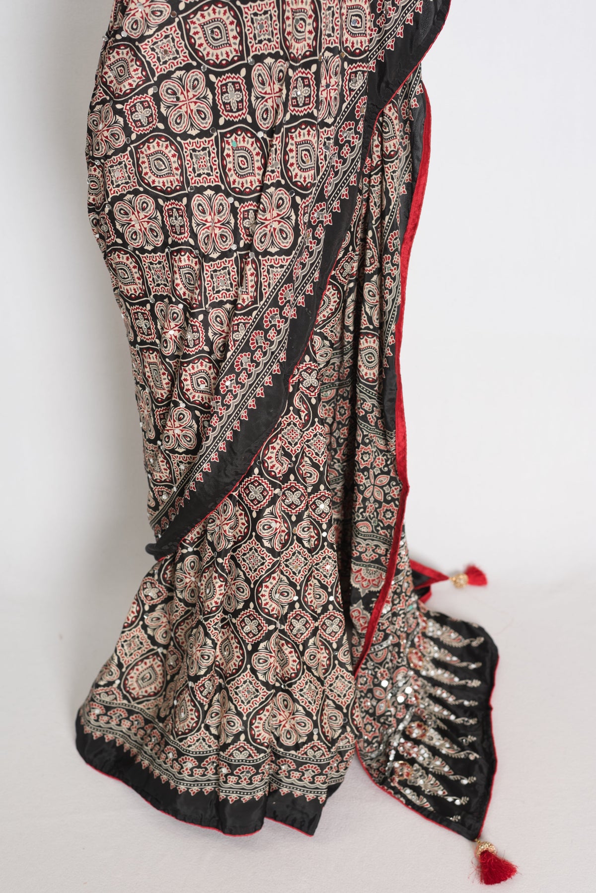 Trisha : Black and Red Semi Modal Silk Ajrakh Saree with Hand-Pasted Mirrors