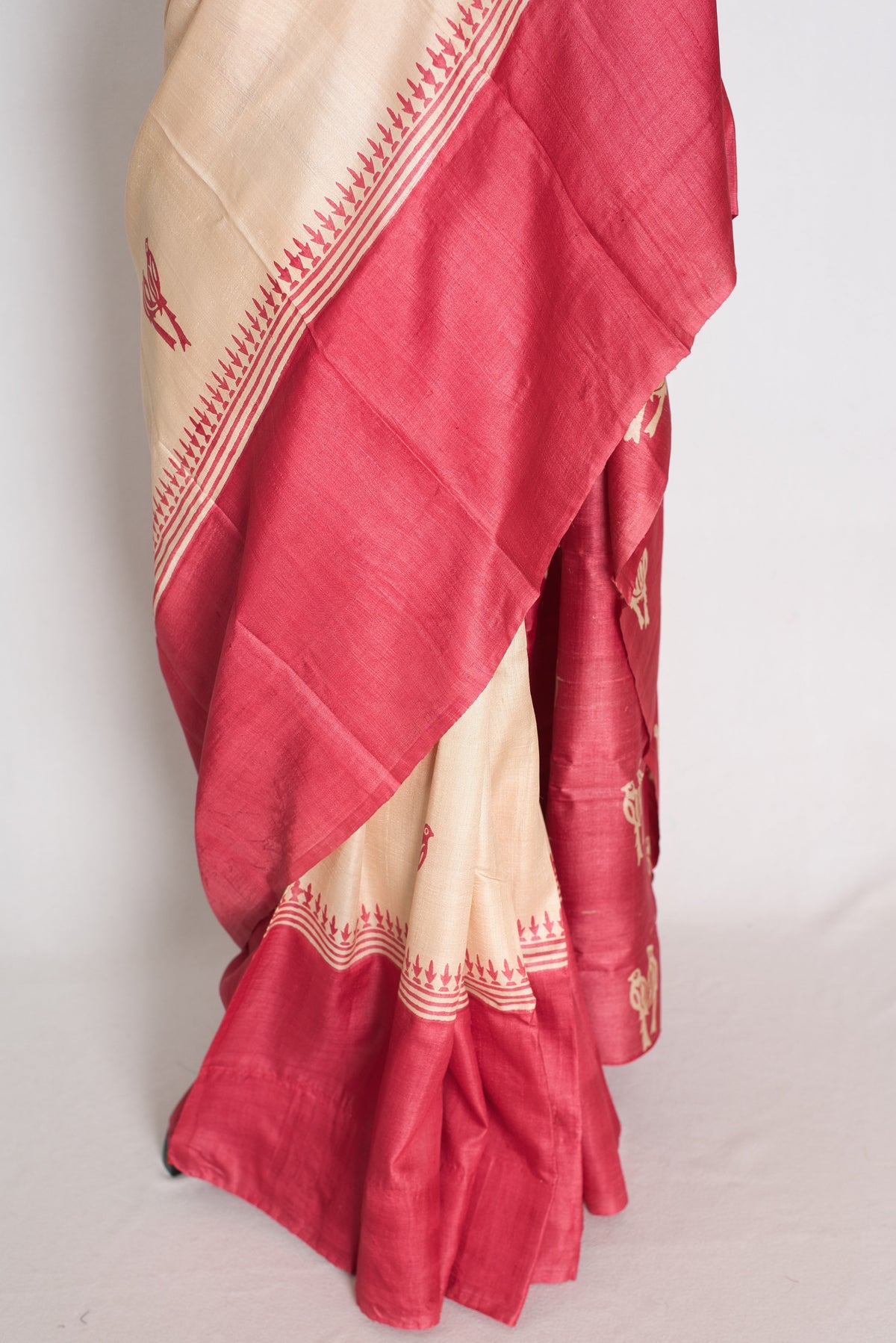 Mahi : Cream and Pink Bird Block Printed Tussar Silk Saree with 38 Size Blouse