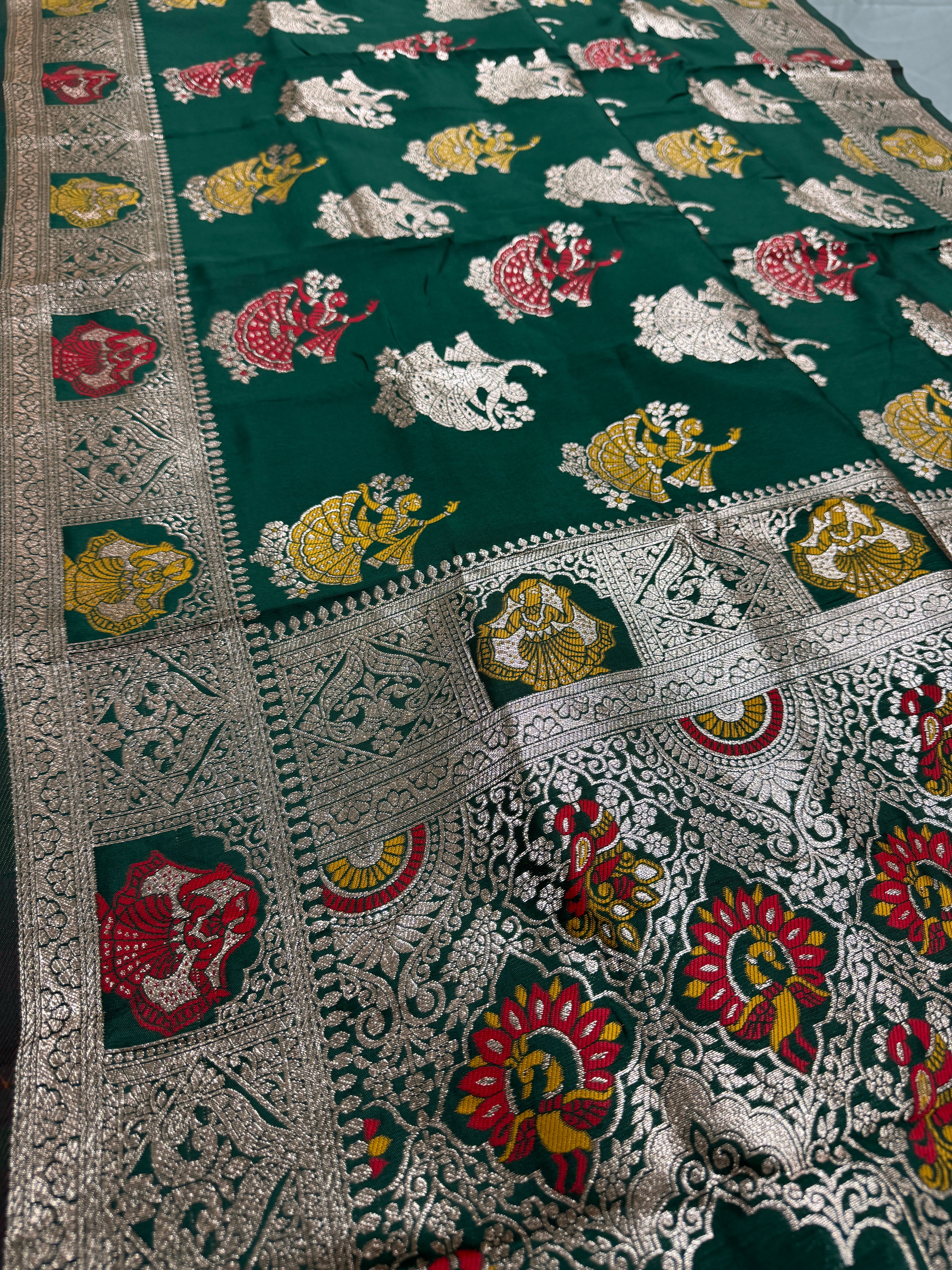 Rupa : Bottle Green Budget Friendly Baluchari Saree in Blended Silk